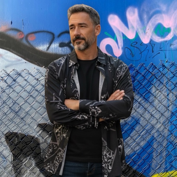 Men’s Vintage style Stylish Black and Gray Graphic Shirt Jacket new without tags - Picture 5 of 14